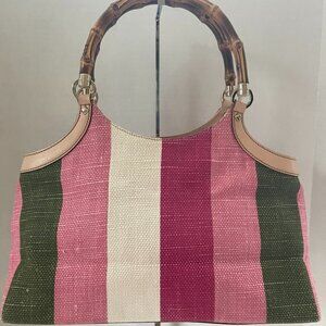 Gucci White Striped Satchel Bag Bamboo Handles (174388)